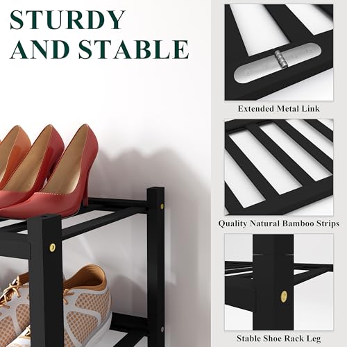 Smiry Bamboo Shoe Rack for Closet, 3 Tier Long Wooden Stackable Shoe Organizer, Free Standing Shoes Storage Shelf for Entryway, Front Door Entrance, Black - color: Black, size: 3 Tier - Long
