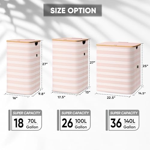 BALEINE Laundry Hamper with Lid, Tall Laundry Baskets with Bamboo Pull Handles, Large Laundry Bin with Internal Support (18 Gal/70L, Pink Pinstripe) - color: Pink Pinstripe, size: 70 liters