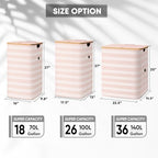 BALEINE Laundry Hamper with Lid, Tall Laundry Baskets with Bamboo Pull Handles, Large Laundry Bin with Internal Support (18 Gal/70L, Pink Pinstripe) - color: Pink Pinstripe, size: 70 liters