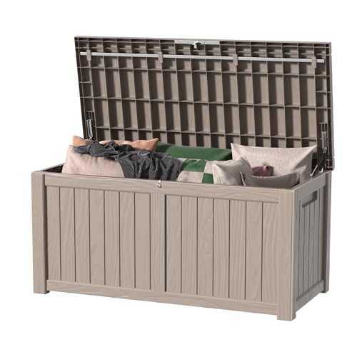 150 Gallon Outdoor Deck Box, Lockable Waterproof Outdoor Storage Boxes For Garden Tools,Indoor Cushions,Accessories Outside Storage Resin Weatherproof Container(Grey) - color: Grey, size: 150 Gallon
