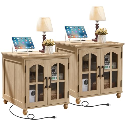 RWYHG Farmhouse 24" End Table Set of 2 with Charging Station, Large Sofa Side Table with Glass Barn Door,Wood Night Stand with Adjustable Storage Shelf,Square Bedside Table for Living Room,Bedroom - color: Natural Wood, size: Set 2