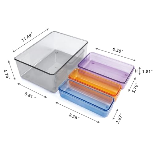 MOSSRIVER 4 Pack Clear Drawer Organizer Set, Plastic Desk Organizer Bin with Lid & Trays, Colorful Storage Box with Removable Trays for Cosmetics, Jewelry, Bedroom, Bathroom, Office, Combo 06 - color: Color 06
