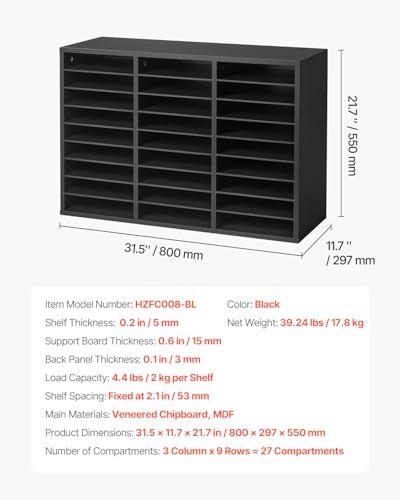 VEVOR Literature Organizer, 27 Compartments Office Mailbox with Removable Shelves, Wooden Mailbox Sorter Particle Board Office Home Classroom Storage, File Sorter for Files, Documents, Papers, Black - color: Black, size: 27 Compartments