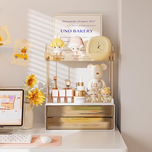 Delamu Bathroom Organizers and Storage, 2 Tier 2 Drawer Makeup Organizer Countertop, Easy to Install, Ideal for Bathroom Counter, Vanity, Ideal for Women Girls, Amber 2Pack - color: Amber, size: 2Drawers 2 Pack