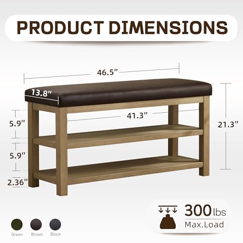 Zihanhome Shoe Rack Bench with Leather Cushion, 2 Tier Solid Wood Storage Bench, Mid-Century Modern Shoe Bench for Entryway, Hallway, Closet, Front Door Entrance, Foyer (Dark Brown, 46.5) - color: Dark Brown, size: 46.5"