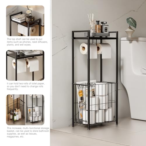 VOLDRA Toilet Paper Holder Stand with Storage Shelf, Free Standing Toilet Paper Roll Holder with Large Basket Heavy Duty Floor Double Tissue Dispenser for Bathroom Freestanding Tp Holder (Matte Black) - color: Black, size: Free Standing