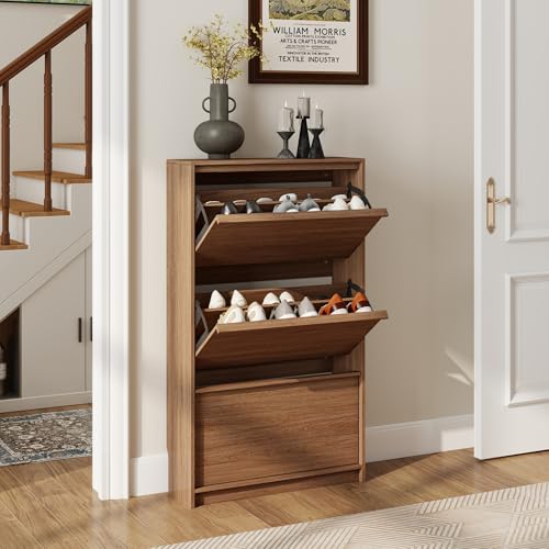 Shoe Cabinet with 3 Flip Drawers, 23.62" W Narrow Shoe Storage Cabinet for Entryway, Slim Shoe Organizer with Adjustable Shelves, Freestanding Shoe Rack for Hallway, Living Room, Walnut - color: Walnut, size: 9.45"D x 23.62"W x 45.47"H