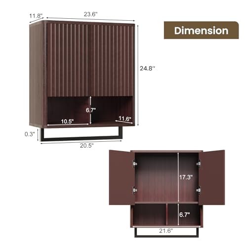 Bathroom Wall Storage Cabinet, Over The Toilet Medicine Cabinet, Hidden Storage & Open Shelves, Small 2-Door Multi-Functional Bathroom Organizer with Towel Bar for Bathroom & Kitchen - color: Dark Mahogany Brown