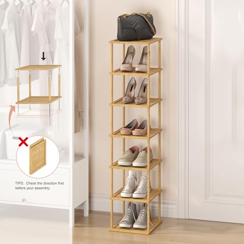 MHXW SXPN Bamboo Free Standing Shoe Rack Shelf Multi Tier Tall Wooden Stackable Shoes Rack Organizer for Closet Front Door Entrance Narrow Vertical Shoe Storage (Bamboo, 7 Tiers) - color: Bamboo, size: 7 Tiers