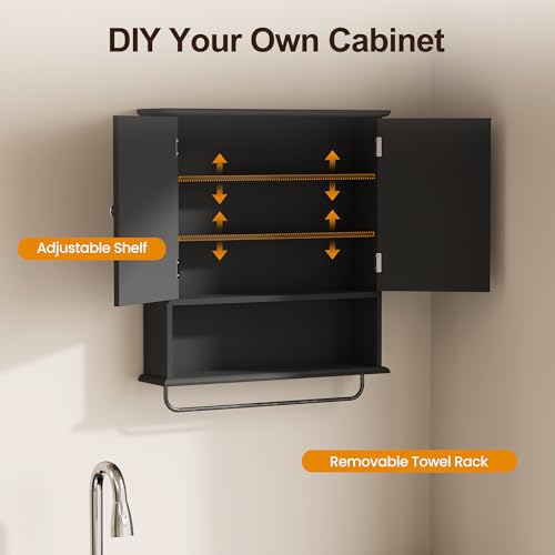 RoyalCraft Bathroom Medicine Cabinet Wall Mounted, Over the Toilet Storage Cabinet with Towel Rack and Adjustable Shelf, Large Bathroom Towel Cabinet Wall Mount 22x25 inch (Black) - color: Black