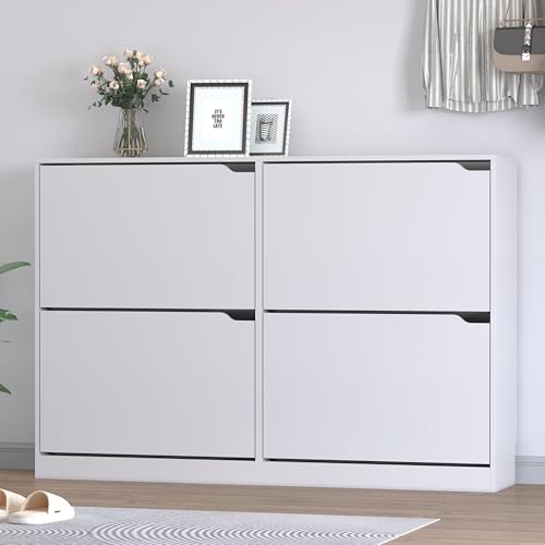 BORNOON Shoe Cabinet with 4 Flip Drawers, Narrow Hidden Shoe Storage Cabinet, Slim Freestanding Shoe Rack Organizer for Entryway, Hallway, Bedroom, Living Room - color: White, size: 4 Drawers