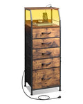 WLIVE LED Nightstand with Charging Station, Fabric Dresser with 5 Drawers for Bedroom, Tall Night Stand with Open Shelves, Bed Side Tables Living Room, Rustic Brown - color: Rustic Brown Wood Grain Print, size: 5 Drawers