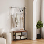 Coat Rack with Shoe Storage, Wood and Metal Frame, Entryway Hall Tree with Bench, Featuring 11 Hooks and 2-Tier Storage Shelves, 3-in-1, Entry Bench with Coat Rack (31.5" Walnut) - size: 80