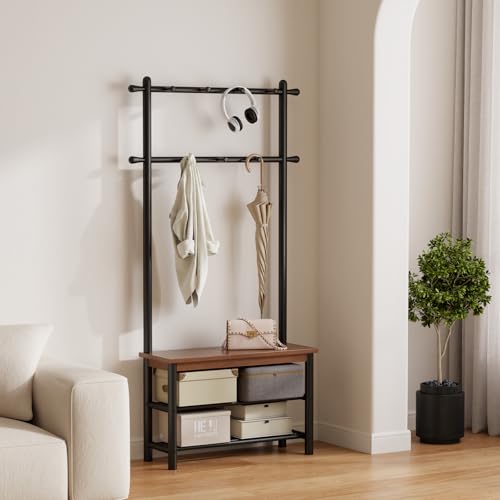Coat Rack with Shoe Storage, Wood and Metal Frame, Entryway Hall Tree with Bench, Featuring 11 Hooks and 2-Tier Storage Shelves, 3-in-1, Entry Bench with Coat Rack (31.5" Walnut) - size: 80