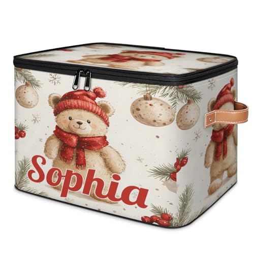 Custom Storage Basket with Name, Personalized Storage Bins with Zipper Lid, Foldable Fabric Storage Box Large capacity with Handle Bear Red Hat Scarf - color: Option 16