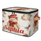 Custom Storage Basket with Name, Personalized Storage Bins with Zipper Lid, Foldable Fabric Storage Box Large capacity with Handle Bear Red Hat Scarf - color: Option 16