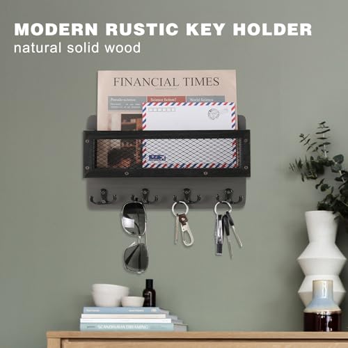 ADIIL Mail and Key Holder for Wall Decorative, Wooden Wall Mount Key Rack Hanger Organizer with 4 Double Key Hooks, Rustic Home Decor for Entryway Hallway, Grey - color: Gray