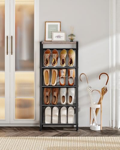 CHOEZON Shoe Rack, 5-Tier Slanted Shoe Rack, Narrow Shoe Storage Shelf, Slim Shoe Organizer for Entryway, Space-Saving, Wooden Top and Metal Frame, for Entryway, Hallway, Greige and Black TXJ03BG - color: Greige, Black