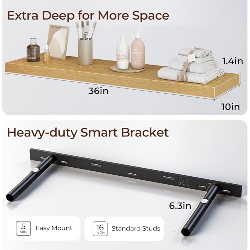 Fun Memories Floating Shelves for Wall 36 Inch Set of 3, Farmhouse Floating Shelves with Invisible Heavy Duty Bracket, 10 Inch Deep Bathroom Shelves for Storage, Living Room, Kitchen, Decor, Oak - color: Oak, size: 36"W x 10"D - 3P