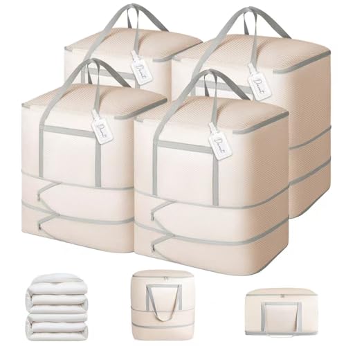 DIMJ Comforter Storage Bag - 120L Large Blanket Storage Compression Bags with Handles, Washable Clothes Storage Totes for Moving Closet, Space Saving Organizer for Bedding Comforter Blanket - color: Beige, size: 120L x 4 Pack