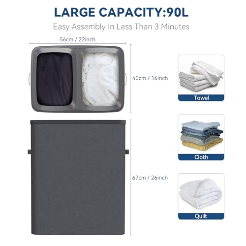 Dual Section 90 liter/23.8 gallon Laundry Hamper Separation Basket with lid, 2 Removable Washing Bags with Handles,Large Laundry Sorter for Easy Clothes Separation - Dark Gray - size: 2 Section,Dark Gray
