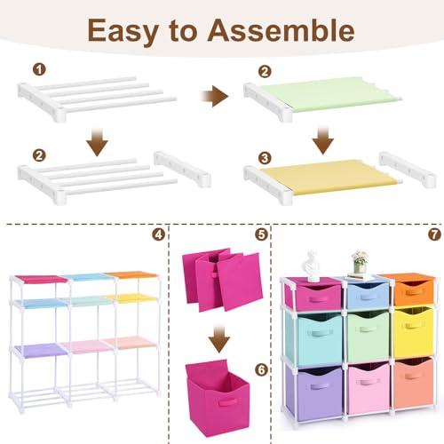 9 Cube Storage Organizer Shelf with Storage Bins and Label, 11 Inch Toy Cube Bins Clothes Closet Organizers Drawers Fabric Dresser for Living Room, Bedroom, Playroom, Dorm(Pastel) - color: Pastel