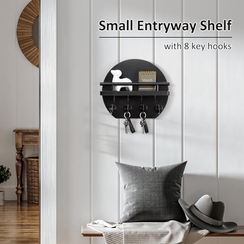 Nekon Key Holder for Wall - 9.8 Inch Apartment Wall Decor with Shelf and 8 Key Hooks, Circular Wood Key Hanger for Home Decor (Black) - color: Black