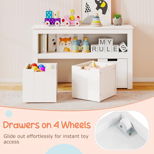 GLACER Toy Storage Organizer, Wooden Montessori Shelf with 3 Movable Drawers, Hidden Wheels, Toy Box for Boys and Girls, Kids Storage Organizer for Playroom, Nursery, Kindergarten, Living Room (White) - color: White
