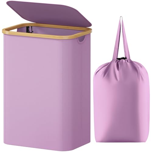 Lifewit 80L Laundry Basket with Lid, Clothes Hampers for Laundry with Bamboo Handles and 1 Removable Bag, Large Foldable Laundry Hamper for Bedroom, Bathroom, Dorm, Laundry Room, Purple - color: Purple, size: 80L