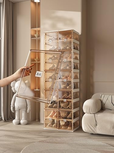 ANTBOX Foldable Shoe Rack,Shoe Organizers for Closet Plastic Shoe Storage Box for Entryway,Living Room,Large Sturdy Stackable Sneaker Cabinet Bins with Magnetic Clear Door 10 Tiers 20 Pairs - color: Brown, size: 10 Tiers 20 Pairs