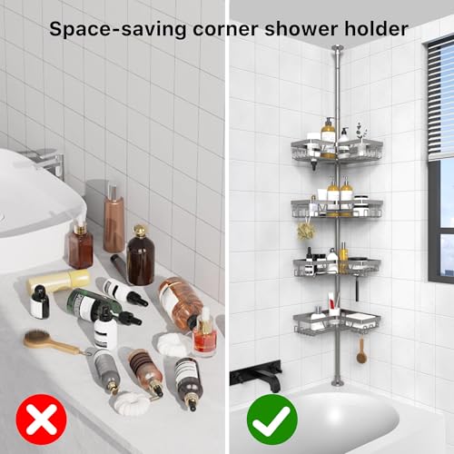 KEGII Corner Shower Caddy Tension Pole with Soap Dish & Razor Holder, Adjustable Bathroom Organizer with Hooks, 25-114.2 Inch Rustproof Storage Shelf for Renters & Apartments, Gunmetal Gray - style: Tension Caddy - Gunmetal Gray