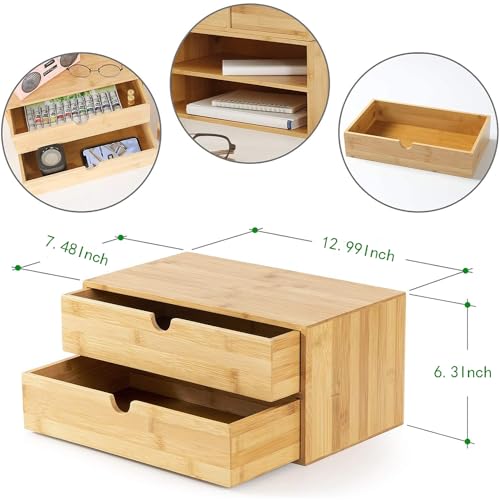 Wisuce Bamboo Desk Drawer Organizer, Desktop Organizer with Drawers Tabletop Storage Organization Box for Office Home Toiletries Supplies Vanity, No Assembly Required(2 Drawers) - style: 2 Drawers
