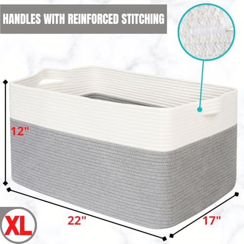 MINTWOOD Design 22in Extra Large Blanket Basket Holder Living Room, Rectangle Rope Woven Storage Basket with Handles for Laundry, Pool Towels, and Shoes, Dog Toy Organizer Bin Box, Gray - color: Gray