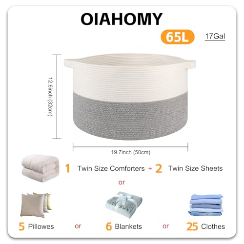 OIAHOMY Large Blanket Basket for Living Room, 19.7" x 12.6" Woven Cotton Rope Laundry Basket for Organizing Pillows, Decorative Stuffed Animal Toy Storage Bin for Nursery, White and Light Grey - color: White and Light Grey, size: 19.7"D x 12.6"H