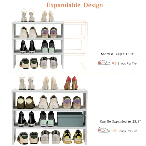 White Shoe Rack Organizer for Closet, 3-Tier Expandable Shoe Shelf, Stackable Iron Wood Combination Shoe Racks Shelves for Closets, Entryway,Small Space,Hallway,Garage,Holds 8-16 Pairs of Shoes - color: White, size: 1 Pack (3 Tier)