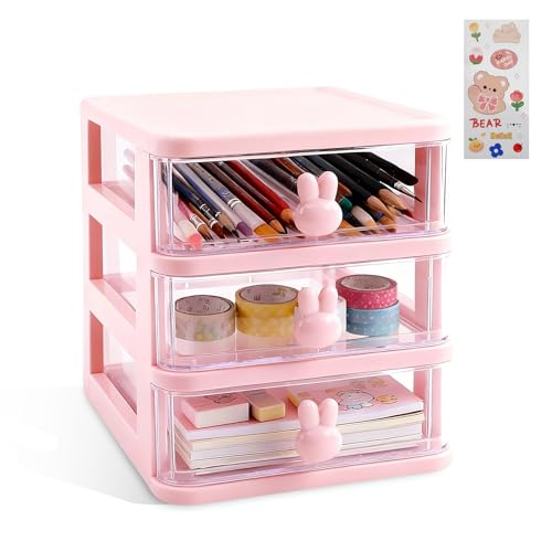 Desk Organizer with Drawer, Stackable Makeup Organizer White, Small Plastic Storage Box for Desktop, Bathroom Counter or Dresser, School, Home, Office (Pink-3 Tier) - color: Pink-3 Tier