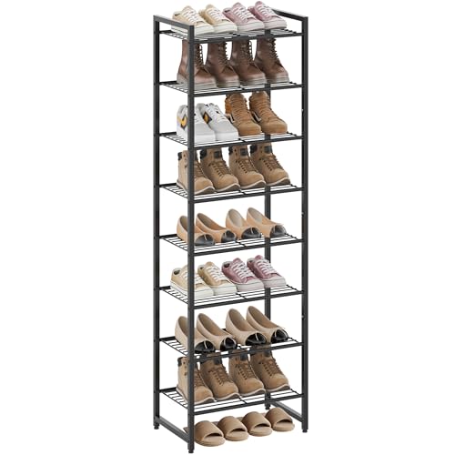 Nunsino Narrow Shoe Rack, 8-Tier Metal Shoe Organizer,Tall Shoe Shelf with Anti-Tip Strap, Max Holds 18 Pairs,Space Saving for Closet,Entryway,Black - color: Black, size: 8 Tier