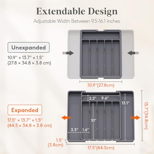 Lifewit Silverware Drawer Organizer, Expandable Utensil Tray for Kitchen, BPA Free Flatware and Cutlery Holder, Adjustable Plastic Storage for Spoons Forks Knives, 10.9"-17.5" x 13.7", Dark Grey - color: Dark Gray, size: Large (11-18''W x 14''D)