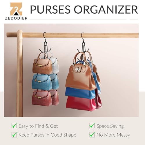 ZEDODIER Purse Organizer for Closet, Heavy-Duty Hanging Purse Hanger Closet Holds Up to 6 Purses, Metal Rotating Space Saving Bag Holder Handbag Storage Hook Backpack Rack, Black - color: Black, size: 1 Pack