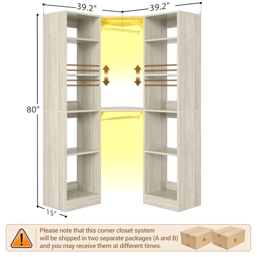 Besiost Corner Closet System with 2 Motion Sensor Lights, 39.2" Corner Closet Organizer with 12 Shelves, Closet System with 2 Hanging Rods, Versatile 6-Tier Walk-in Closet for Corner Space, White Oak - color: White Oak, size: 39.2" - With 2 Sensor Lights