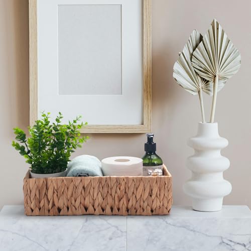 Toilet Paper Basket for Back of Toilet Water Hyacinth Long Narrow Wicker Bathroom Storage Basket with Built-in Handles 14.2 x 6.5 x 3.7 inch