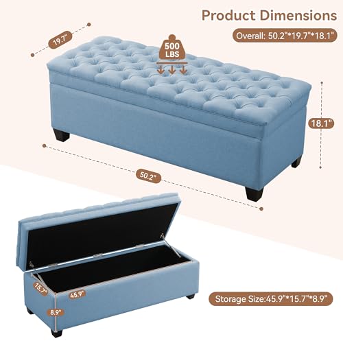 WUTUTUEE 51" Fabric Storage Ottoman Bench, Upholstered Rectangle End of Bed Storage Ottoman Tufted Living Room Bedroom Bench with Safety Hinge, Solid Wood Legs, Loads 500 lb(Light Blue) - color: Light Blue-fabric