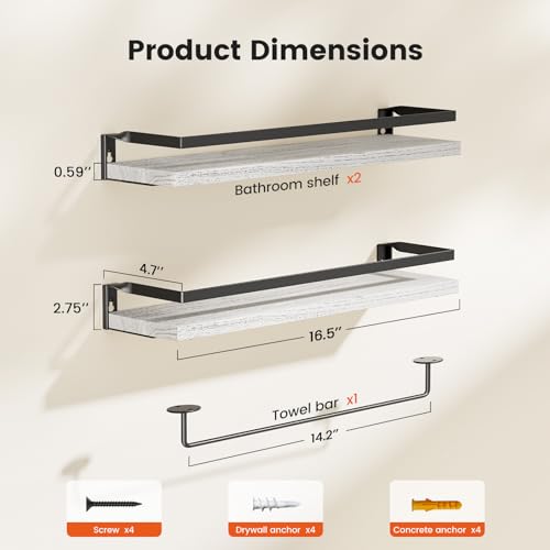 AMADA HOMEFURNISHING Bathroom Shelves with Towel Bar, Floating Shelves, Wall Shelves for Bathroom/Living Room/Kitchen/Bedroom, White, Set of 2 - AMFS01W - color: White