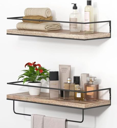 Shario Rustic Wood Floating Shelves - Set of 2, Wall Mounted Hanging Shelves with Black Towel Rack, Decorative Storage Shelves for Bathroom, Kitchen, Living Room & Bedroom (Light Wood, 15.7 Inches) - color: Light Wood