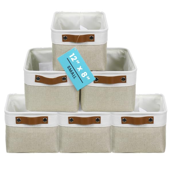 OrganiHaus Small Fabric Storage Baskets 6 Pack, 12x8in Cloth Storage Bins for Shelves, Small Baskets for Organizing Pantry Closet, Canvas Shelf Baskets, Beige/Off-White - color: Beige / Off-White, size: Small - 6pc