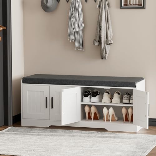 Homleke 2-Tier Storage Bench, Shoe Bench with Thickened Padded Seat Cushion, Entryway Bench with 4 Doors, Adjustable Shelf, 13.8" D x 45.3" W x 18.5" H, for Entryway, Living Room, Bedroom, White - color: White, size: 45.3"