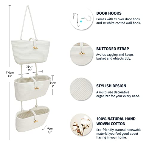 OrganiHaus White 3-Tier Wall Hanging Baskets for Organizing, Hanging Storage Basket, Over the Door Basket Organizer, Wall Mounted Basket for Nursery Organization, Hanging Baskets for Nursery Decor - color: Full Off-white