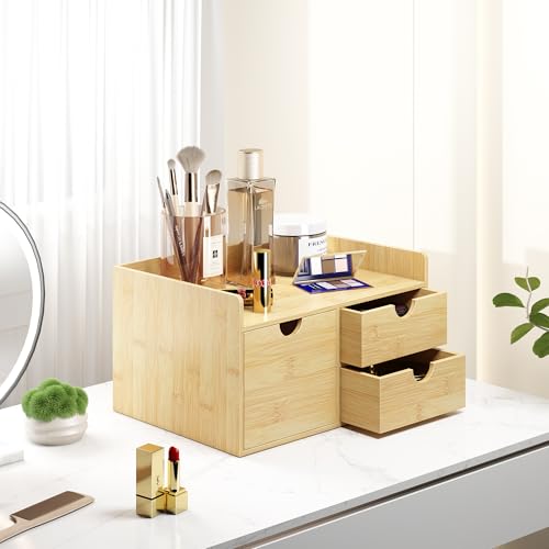 Wisuce Bamboo Desk Drawer Organizer, 3 Drawer Desktop Organizer with Drawers Tabletop Storage Organization Box for Office Home Toiletries Supplies Vanity, No Assembly Required - color: 3 Drawers with shelf-L1R2, size: Small