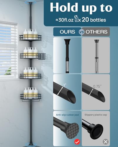 SEIRIONE Corner Shower Caddy Tension Pole, Quick Setup, Rust-Free Bathroom Shower Organizer Corner for Bathtub Shampoo Storage, 4-Tier Adjustable Shelf, Drill Free, Fits 34 to 116 Inch Height, Black - color: Black