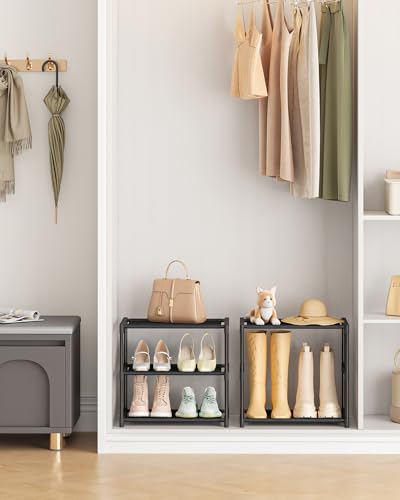 HITHIM 3 Tiers Small Shoe Rack,Narrow Stackable Shoe Shelf Organizer,Sturdy Shoe Stand, Non-Woven Fabric Metal Shoe Racks for Entryway, Doorway and Bedroom Closet - size: 3-Tier